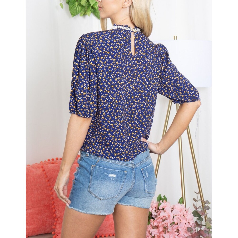 Blue Floral Print Half Sleeve Top Rayon Blouse Women Size L - Picture 5 of 10